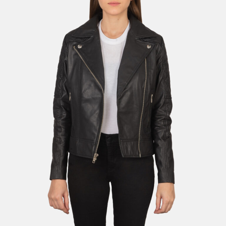 Womens Carolyn Quilted Black Biker Jacket Open Front-4-1659378786660